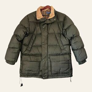 J.Crew w FLAW Goose Down Barn Puffer Jkt VTG Mens Sz M Olive Corduroy Collar